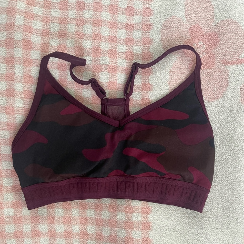 Pink/Victoria’s Secret Dark Purple Camoflauge Sports Bra Padded+Lined Size M B80